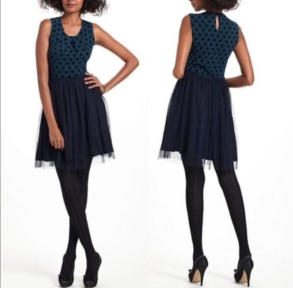 Anthropologie Weston Wear Women S Fit N Flare Polka Dot Tulle Dress Blue/Black